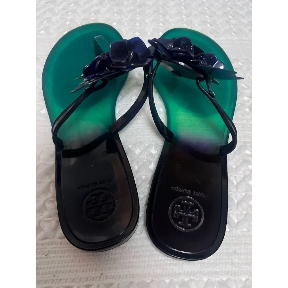 Tory Burch Blossom Jelly Blue Green Flip Flop Resort Coastal Flower Sandals 7